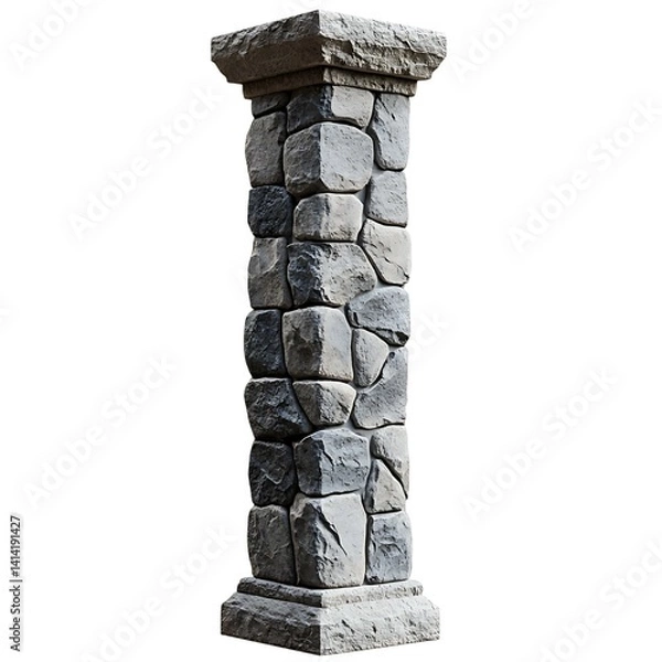 Fototapeta Old round stone pillar built with uneven rocks and capped top and base showing weathered texture and age placed on a transparent background