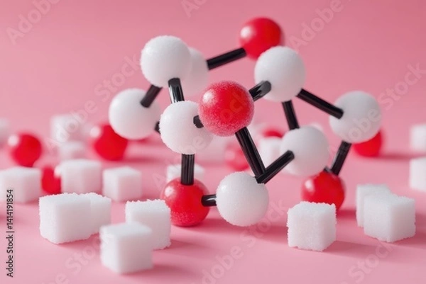 Fototapeta A close up view of a sugar molecule model with sugar cubes scattered on a pink colored background surface