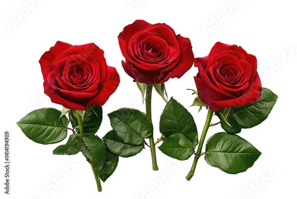 Obraz three vibrant red roses with lush green leaves arranged elegantly against a light background symbolizing love and beauty