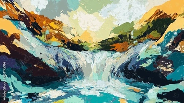 Fototapeta Abstract painting of a waterfall flowing into a pool surrounded by mountains.