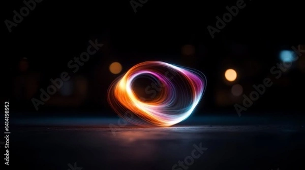 Obraz Abstract light trails forming a glowing orb against a dark background with bokeh lights creating a dynamic visual effect