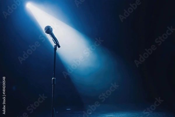 Fototapeta A single microphone on a stand illuminated by a spotlight in a dark room, ready for a performance.