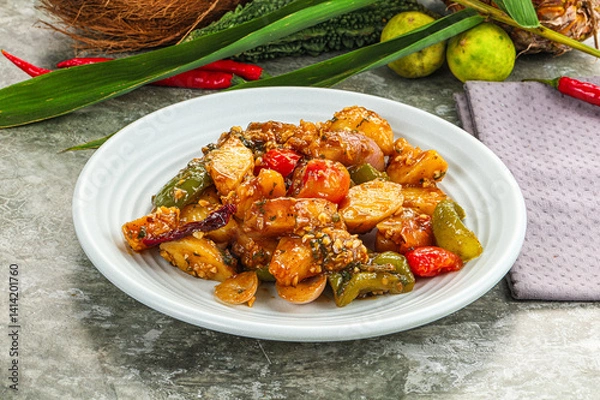 Fototapeta Potato with bell pepper and gravy
