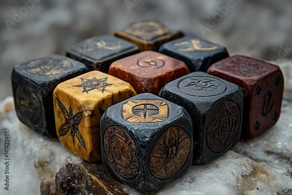 Fototapeta Rustic Stone D20 Dice with Intricate Engravings and Fantasy Symbols


