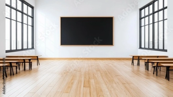 Obraz Bright and spacious classroom interior showcasing minimalist design with wooden floors and chalkboard area for learning