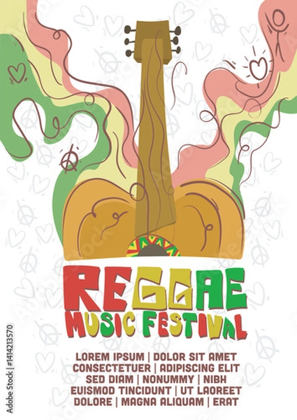 Obraz abstract accoustic guitar with three color aura for reggae music festrival poster concept. international paper size music poster template vector illustration.