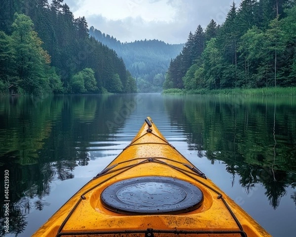 Fototapeta Serene kayak journey on a calm lake surrounded by lush green forests