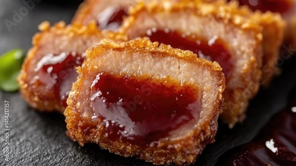 Obraz Close-up of juicy tonkatsu with a crunchy panko crust, sliced and arranged in a row