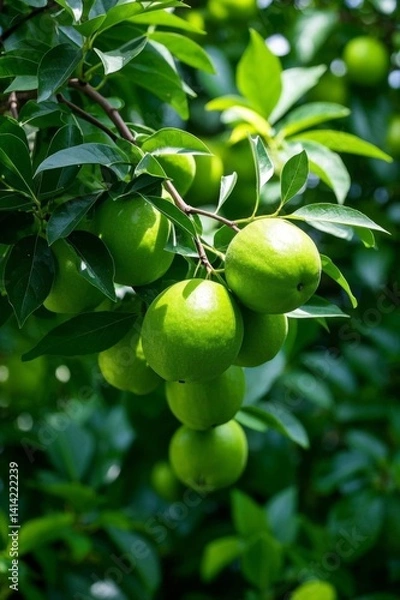 Fototapeta there are many green fruits hanging from a tree branch
