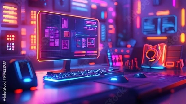 Fototapeta A vibrant 3D graphic design concept, showcasing futuristic technology icons and digital resources 
