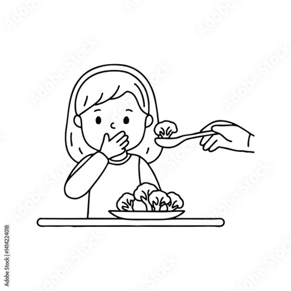 Fototapeta Child refusing to eat broccoli by covering mouth with hand while food spoon is near