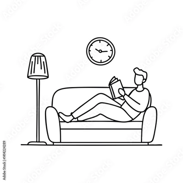 Fototapeta Person lounging on a couch with a book and soft lighting, relaxing mind