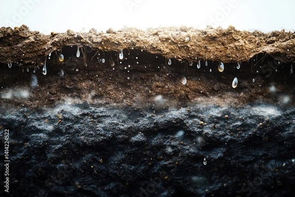 Fototapeta Water seeps through layers of soil, illustrating groundwater infiltration and soil composition.