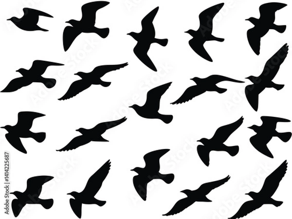 Fototapeta Flock of flying birds silhouette vector, Birds flock Flying in the Sky, transparent background.