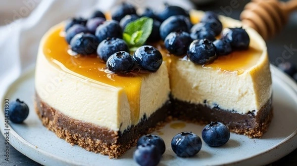 Obraz Fresh blueberry cheesecake slice, drizzled with honey
