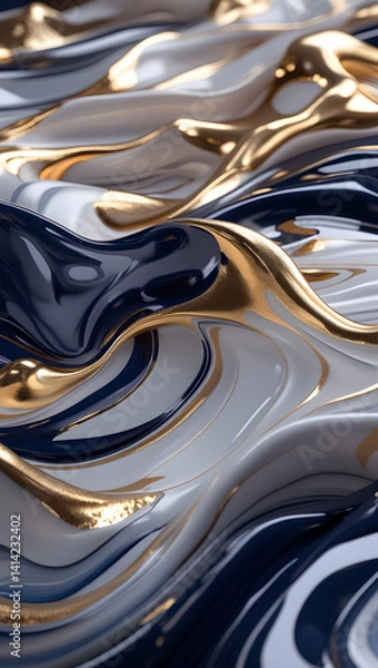 Obraz The Flow of navy blue and gold 3D abstract