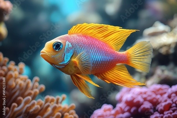 Fototapeta A vibrant ocean fish with flowing fins dancing through a coral garden