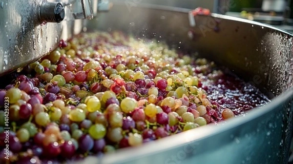 Obraz Grape must fills a stainless steel fermentation tank, bubbling and frothing as fermentation begins. This process is essential for wine production at wineries during harvest season