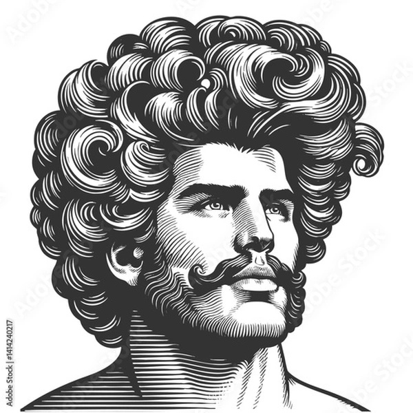 Obraz gentleman with an incredibly large, curly hairstyle, blending humor, surrealism, and vintage artistic style sketch engraving generative ai vector illustration. Scratch board. Black and white image.