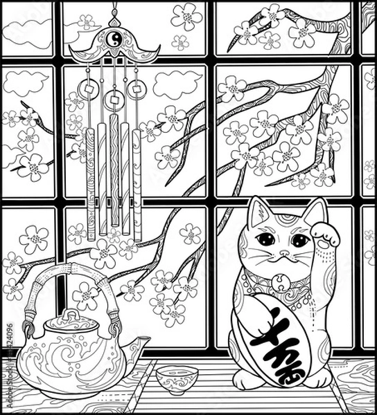 Obraz Japanese cat and sakura and tea for adult coloring book page. Maneki neco holds luck coin with hieroglyphics "a lot of money".