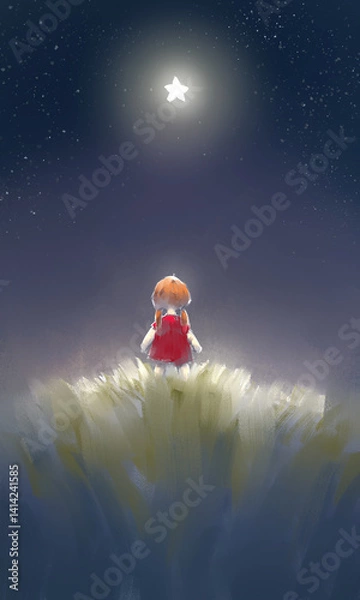 Obraz A digitally painted fantasy illustration of a whimsical girl in a dreamlike scene. The artwork is hand-drawn from imagination, featuring soft brushstrokes and gentle lighting.