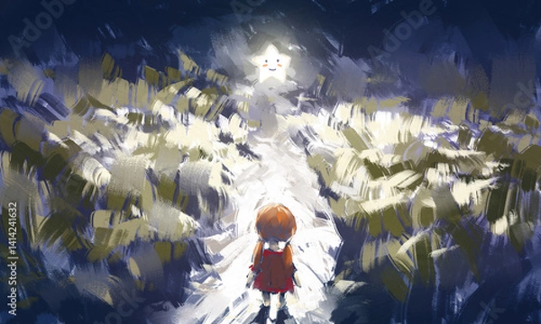 Fototapeta A digitally painted fantasy illustration of a whimsical girl in a dreamlike scene. The artwork is hand-drawn from imagination, featuring soft brushstrokes and gentle lighting.