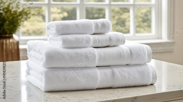 Fototapeta Stack of fluffy white towels on a freshly cleaned countertop in a bright room