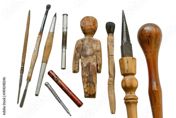 Fototapeta Artisan tools arranged artfully with a wooden carving of a figure on a neutral background isolated on transparent background