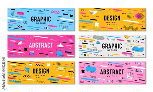 Obraz Geometric Memphis banners with abstract modern color shapes and elements, vector backgrounds. Memphis pattern banners set with retro geometric or Y2K isometric elements and minimal figures design