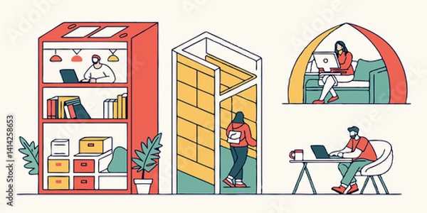 Obraz Flexible Office Workspace People Working on Laptops in Cubicles Booths Open Desks Flat Vector Illustration