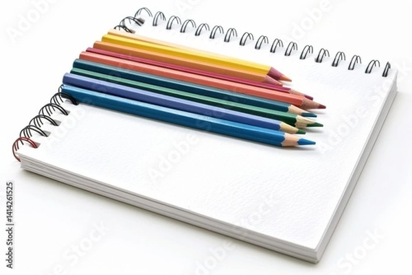 Fototapeta A collection of vibrant colored pencils resting on a blank spiral notebook ready for creativity isolated on transparent background