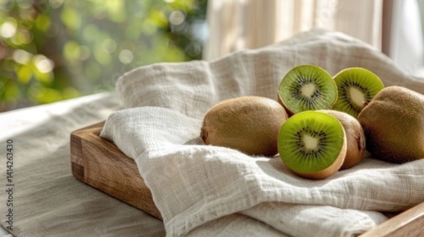 Fototapeta Fresh kiwi fruits displayed on linen cloth