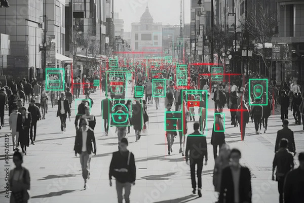 Obraz AIによる顔認識で都市を歩く群衆を検出するイメージ