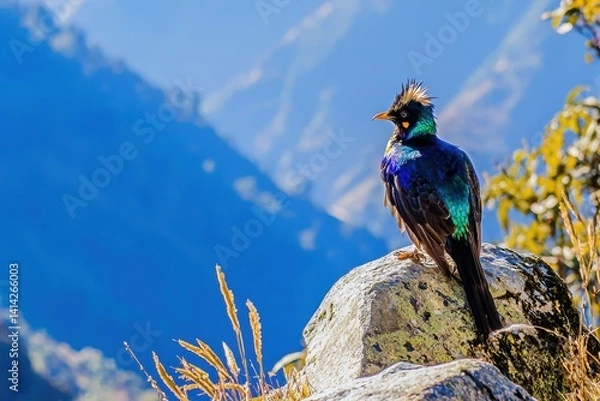 Fototapeta A Himalayan monal, with its iridescent feathers shimmering, perched on a rock in the high-altitude meadows of Bhutan.