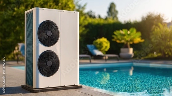 Fototapeta outdoor air heat pump unit near a pool area with modern clean design, soft natural lighting, lush green background, perfect for poolside relaxation and energy efficiency
