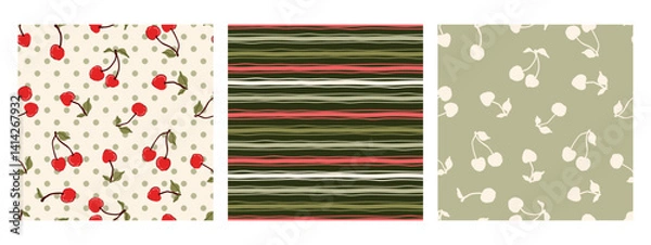 Fototapeta cherry, Polka dot, wavy horizontal stripe summer vintage seamless pattern set, paper, cover, fabric