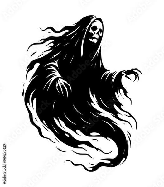 Fototapeta Dark, grim reaper ghostly spirit vector illustration in black and white.