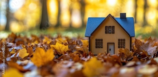 Fototapeta A small wooden house model surrounded by autumn leaves, symbolizing the fall season and the changes in the real estate market
