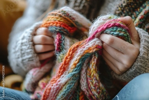 Fototapeta A family member unwraps a homemade knitted Easter scarf. The soft fabric feels warm against the skin, with colorful yarns creating a playful design. The mood is cozy and heartfelt