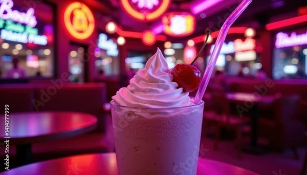 Fototapeta Neon lit cafÃ© scene with glowing milkshake, glossy cherry, whipped cream peaks, and transparent straw