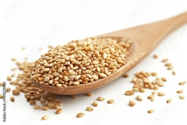Fototapeta A wooden spoon filled with golden sesame seeds resting on a clean white surface isolated on transparent background