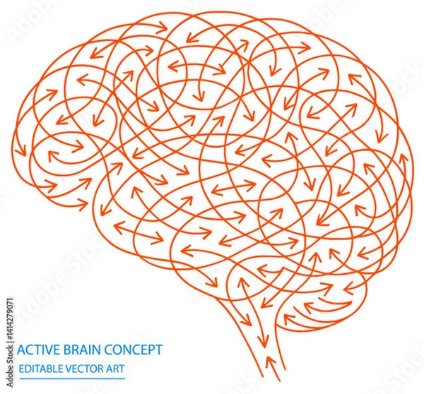 Fototapeta Chaotic Neural Flow – Active Brain Concept with Directional Arrows,Chaotic line art of brainwith directional arrows, thoughts, energy, mental, flow,Brain, neural, mind, chaotic,arrows, thinking,energy