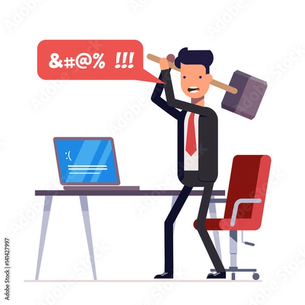 Fototapeta Broken computer with a blue screen of death. Computer virus. An angry businessman or manager with a sledgehammer in his hand expresses swearing. Flat illustration isolated on white background.