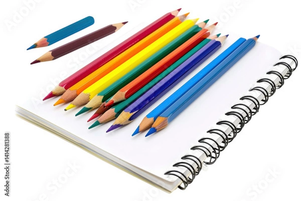 Fototapeta A vibrant assortment of colored pencils arranged on a blank sketchbook ready for creativity isolated on transparent background