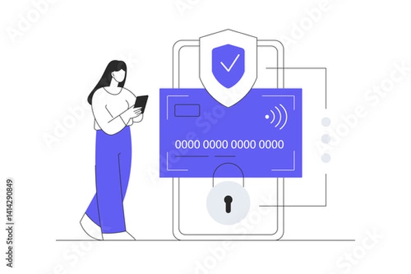 Fototapeta Security transaction. Banking app, Credit card and secure. Mobile phone with credit and check mark bank wallet successful transaction money transfer. Flat Cartoon Vector Illustration icon. Stylish 