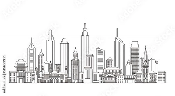 Fototapeta Cityscape line drawing illustration