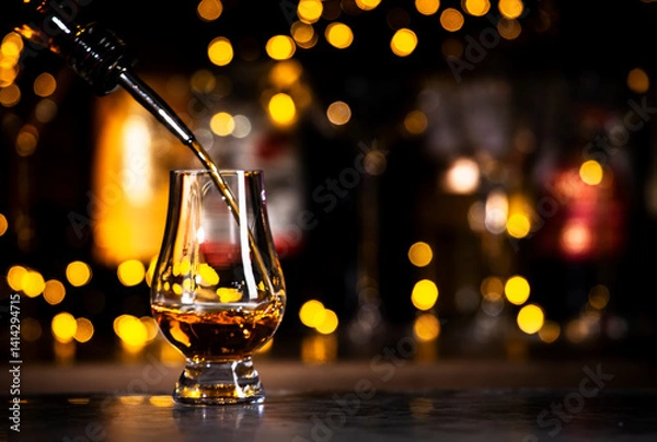 Fototapeta Single malt scotch whisky pours n glencairn glass on black bar counter background