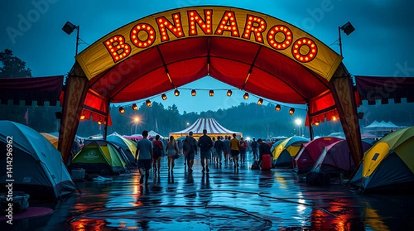 Fototapeta Bonnaroo at Dusk: Illuminated Arch & Tents in Rain, Vibrant Festival Scene at Night.

