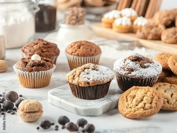 Fototapeta Gluten free baked good including muffin cooky displayed marble countertop fresh ingredient nearby Soft natural light enhances texture creating inviting warm aesthetic Photo realistic quality high