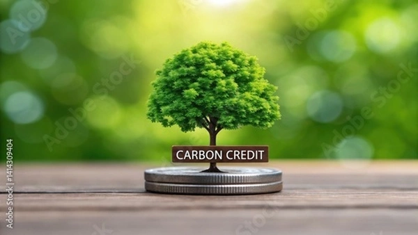 Obraz A vibrant tree symbolizes carbon credits, positioned on a coin, representing the intersection of finance and environmental sustainability.